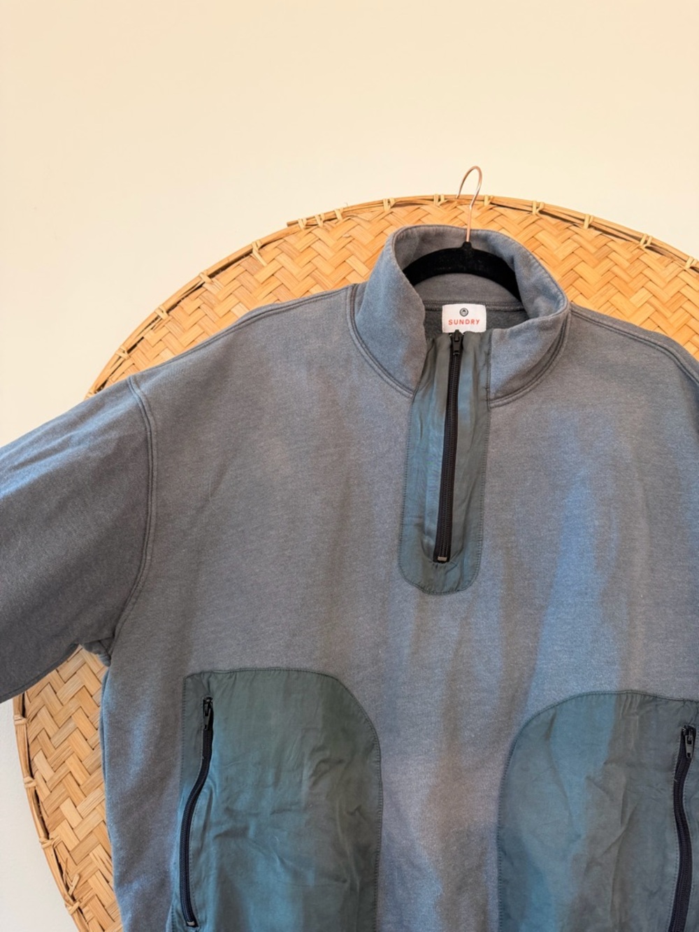 WOMEN'S SUNDRY MIXED MEDIA HALF ZIP POPOVER GREY SWEATSHIRT GORP-CORE PREPPY - Picture 7 of 12